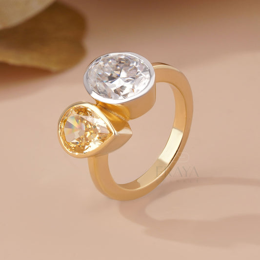 Toi et Moi Statement Gold Pear Shaped Ring - Ring