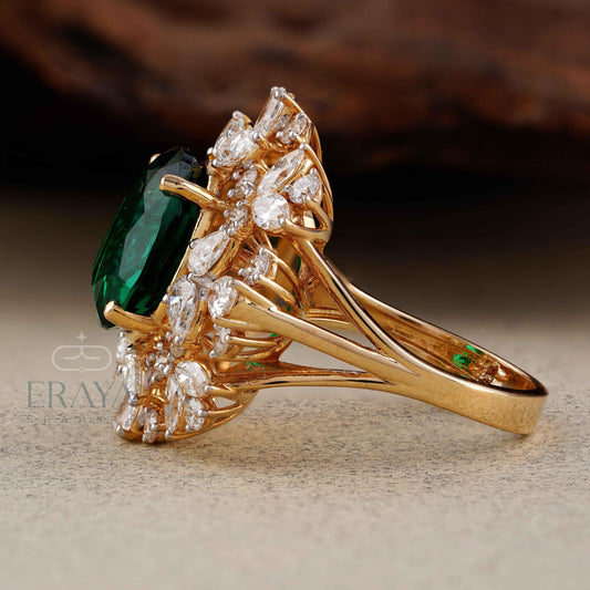 Green Stone Diamond Halo Cocktail Ring | Gold Ring - erayasparkle