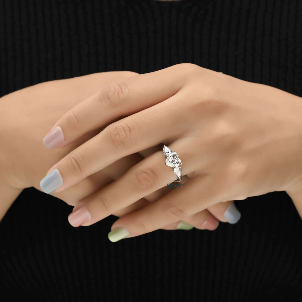 Heart With Pear Diamond Engagement Ring | Three Stone Ring