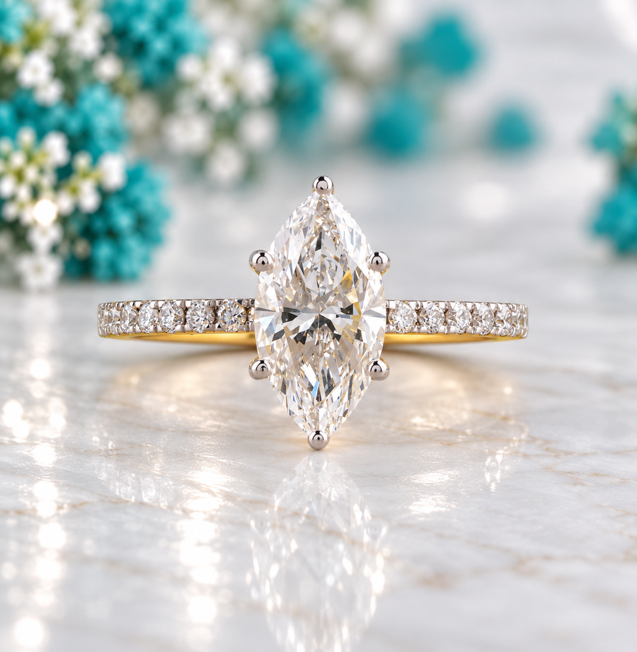 Marquise Wedding Ring with Pave Lab Diamond