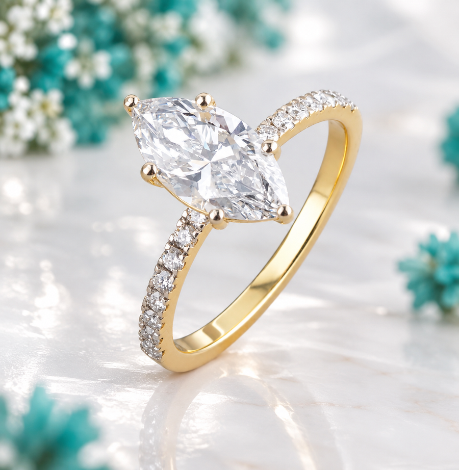 Marquise Wedding Ring with Pave Lab Diamond