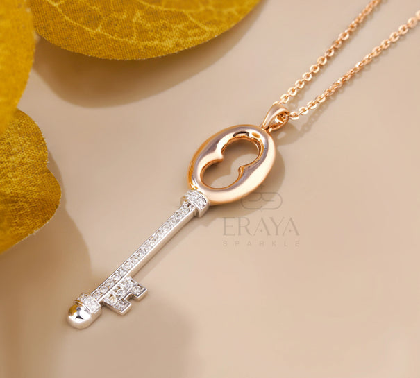 Elegant Key Necklace with Lab-Grown Diamond Pedant - 