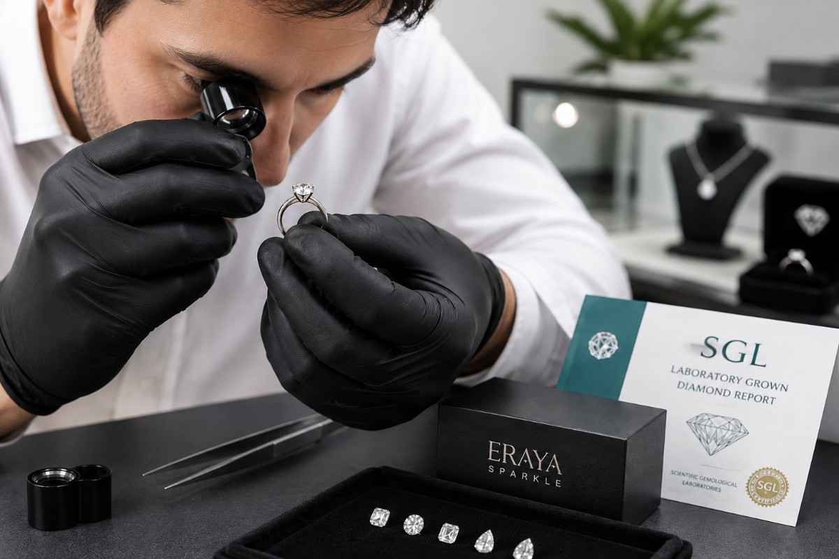 A jeweler wearing black gloves and a white shirt examines a diamond ring under a loupe. In the foreground, a black ERAYA SKINNELE box, diamond samples, tweezers, and an SGL Laboratory Crown Diamonds Report card are displayed on a dark tabletop, with jewelry displays in the background.