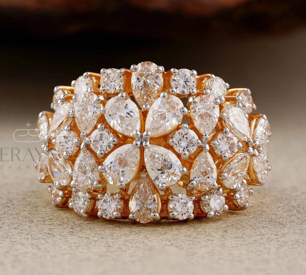 Pear Cut Lab Diamond Cocktail Ring – Round Floral Design - 