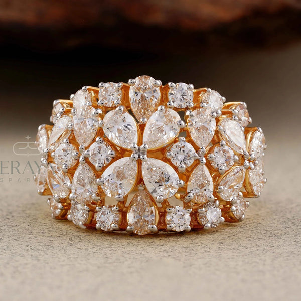 Pear Cut Lab Diamond Cocktail Ring – Round Floral Design - 