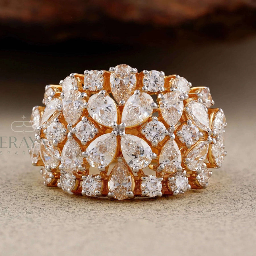 Pear Cut Lab Diamond Cocktail Ring – Round Floral Design -