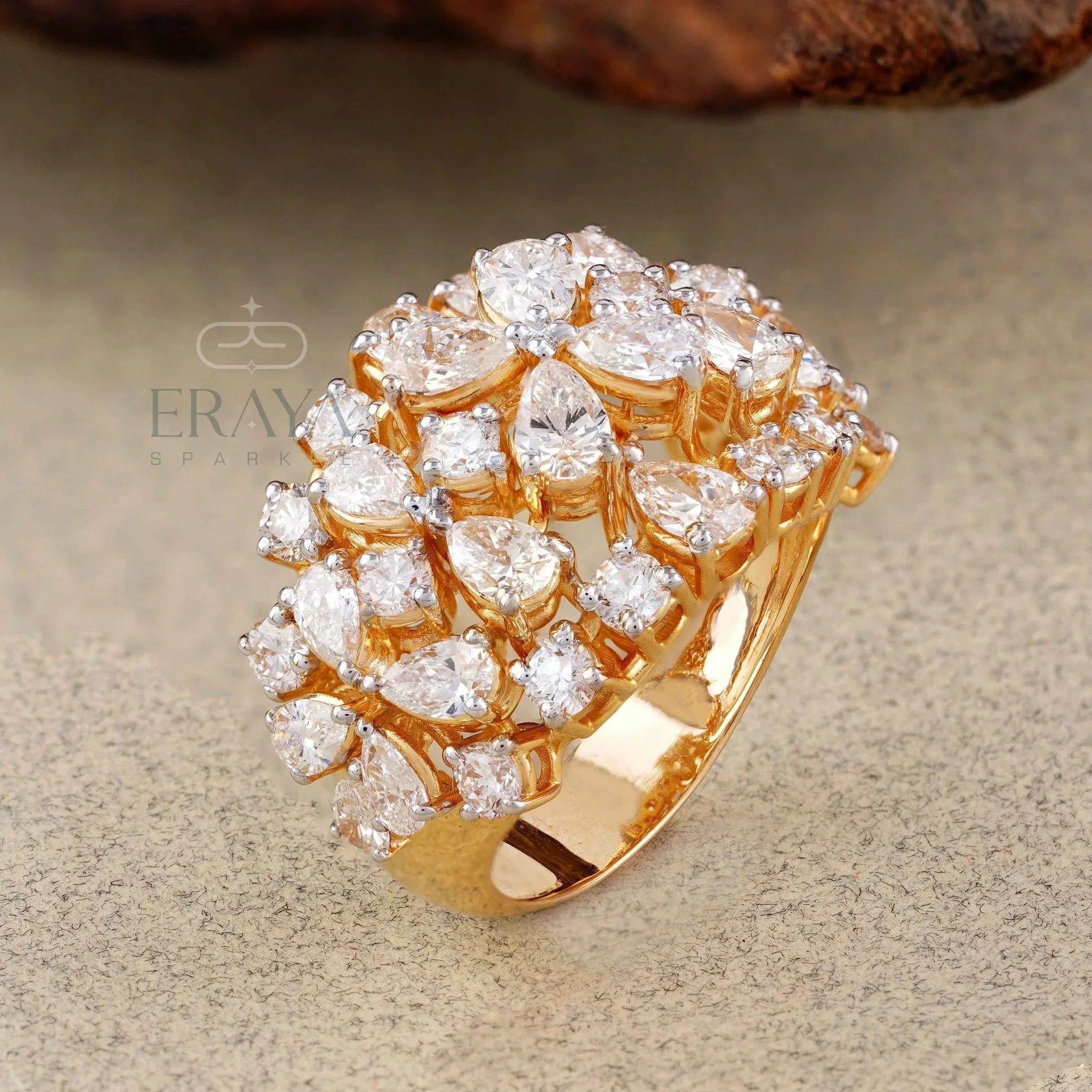 Pear Cut Lab Diamond Cocktail Ring – Round Floral Design - 