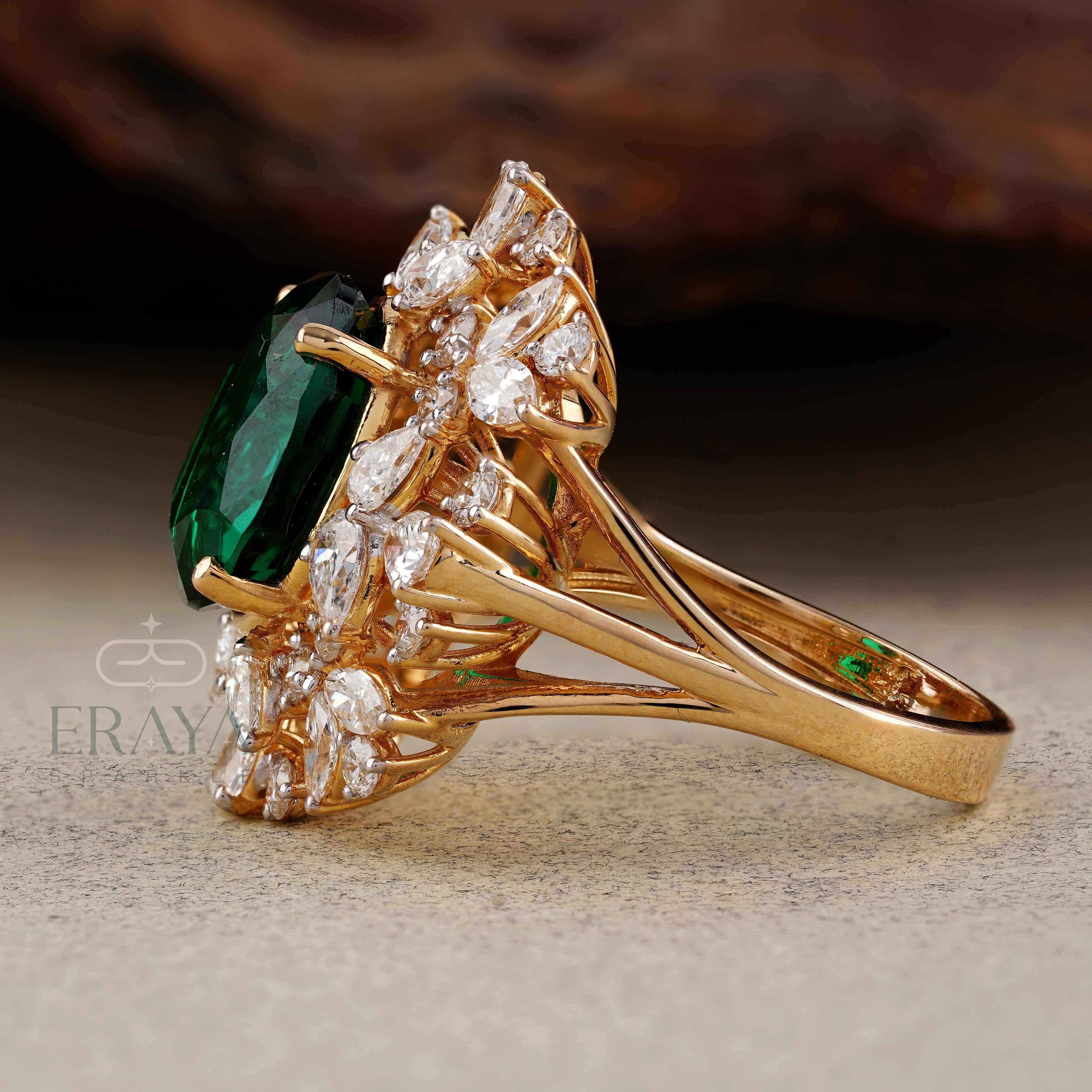 Green Stone Diamond Halo Cocktail Ring | Gold Ring - Ring