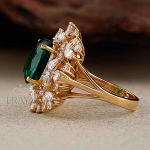 Green Stone Diamond Halo Cocktail Ring | Gold Ring - Ring