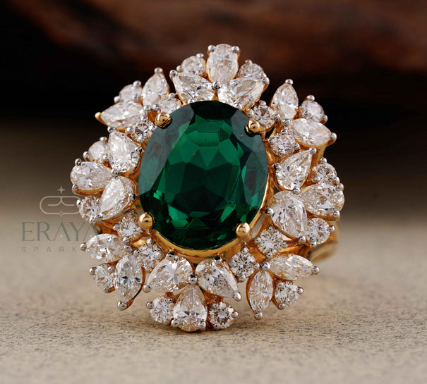Green Stone Diamond Halo Cocktail Ring | Gold Ring - Ring