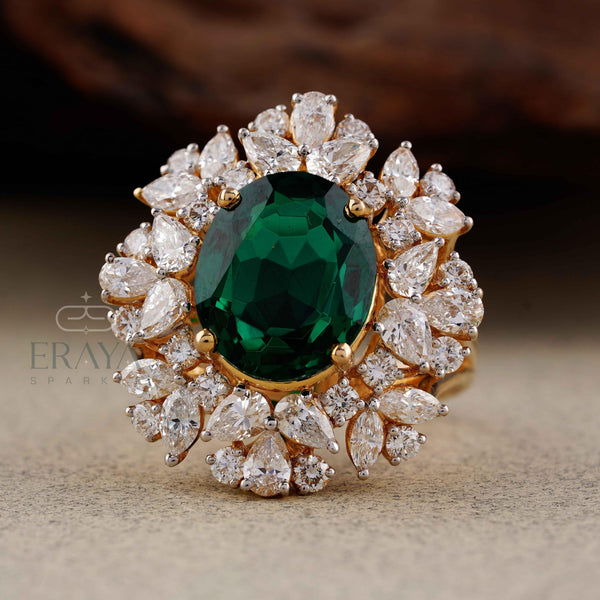 Green Stone Diamond Halo Cocktail Ring | Gold Ring - Ring