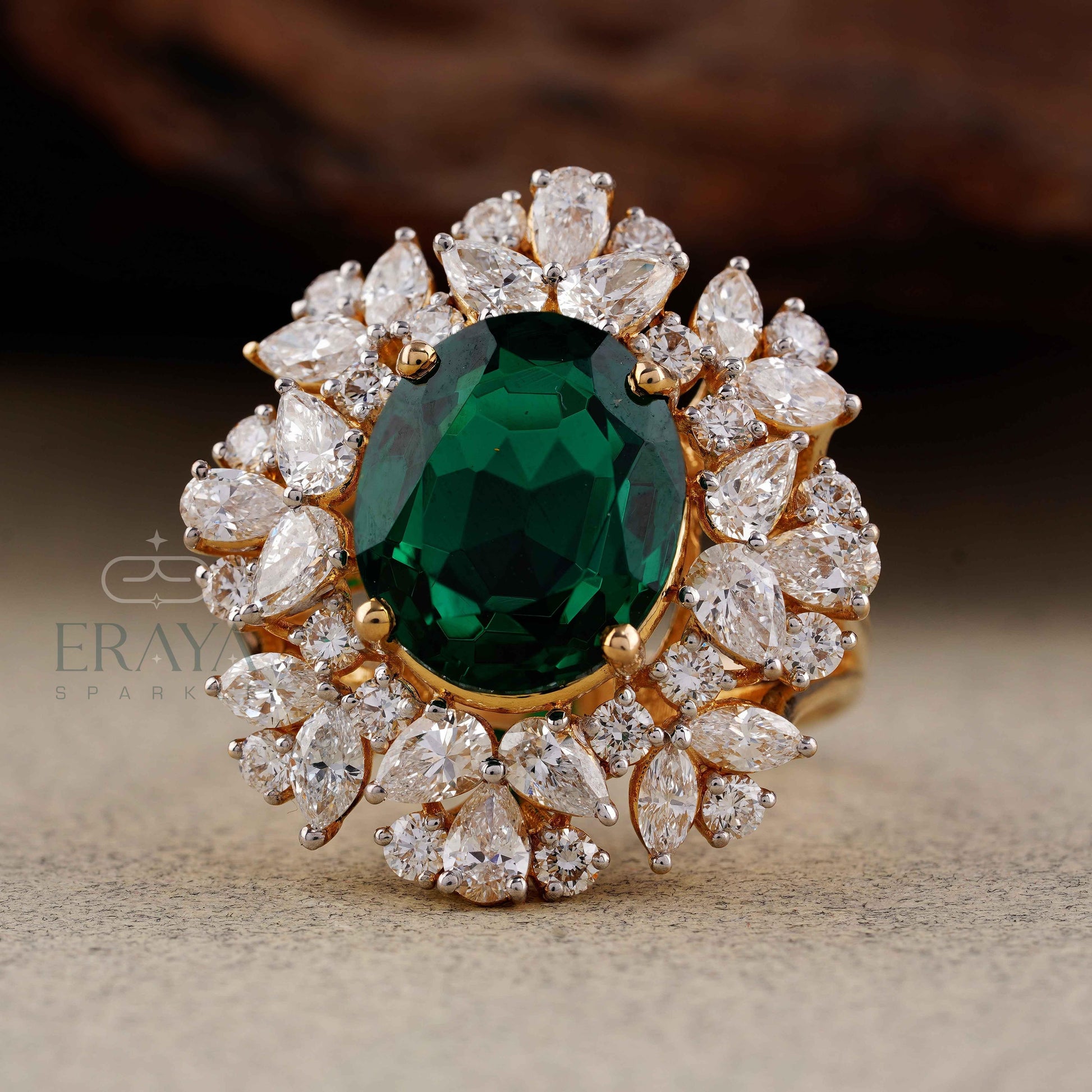 Green Stone Diamond Halo Cocktail Ring | Gold Ring - erayasparkle