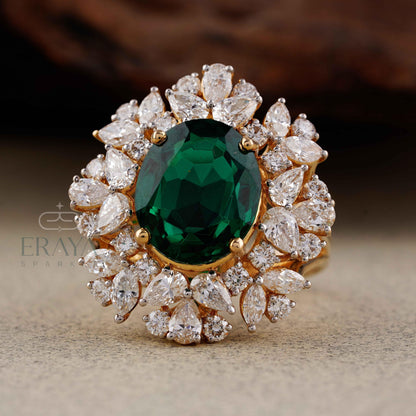 Green Stone Diamond Halo Cocktail Ring | Gold Ring - erayasparkle