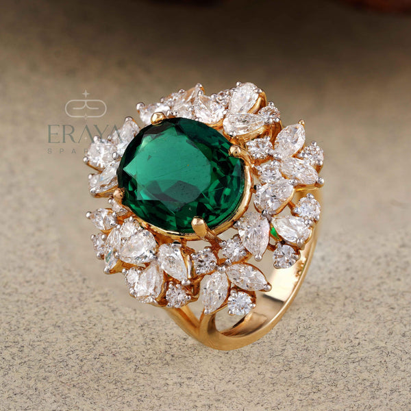 Green Stone Diamond Halo Cocktail Ring | Gold Ring - Ring