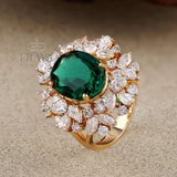 Green Stone Diamond Halo Cocktail Ring | Gold Ring - Ring