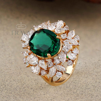 Green Stone Diamond Halo Cocktail Ring | Gold Ring - erayasparkle
