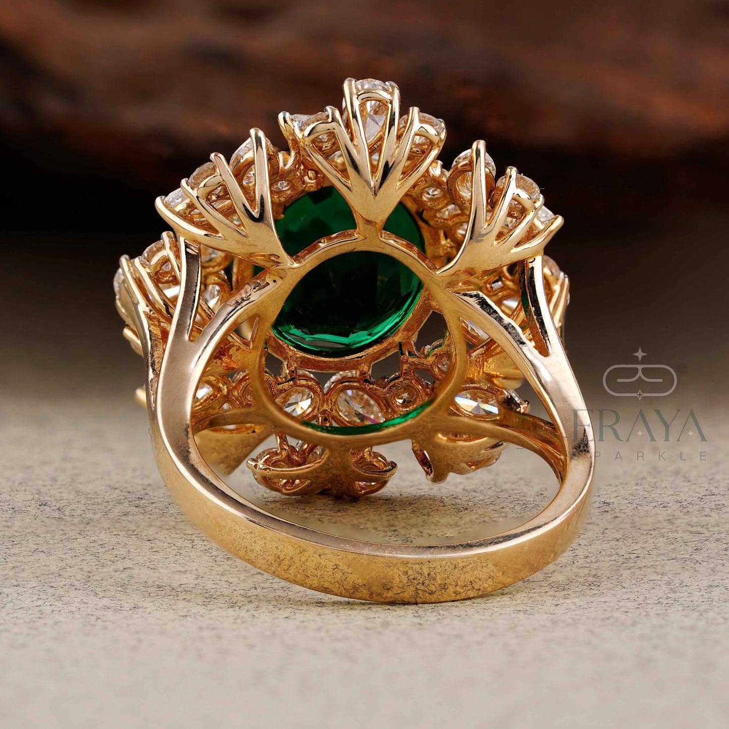 Green Stone Diamond Halo Cocktail Ring | Gold Ring - erayasparkle