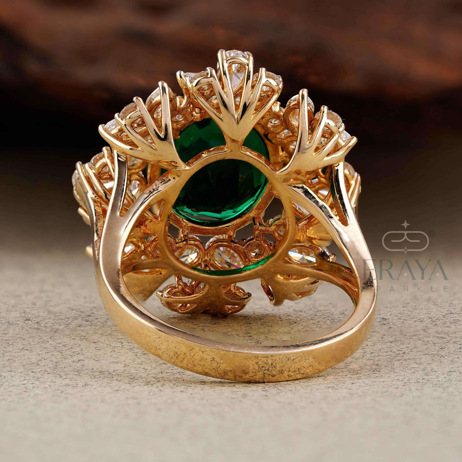 Green Stone Diamond Halo Cocktail Ring | Gold Ring - Ring