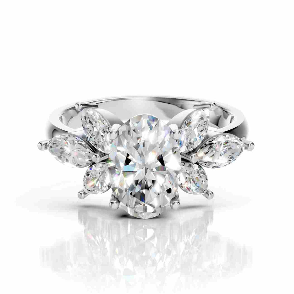 Floral Diamond Engagement Ring with Marquise Accents
