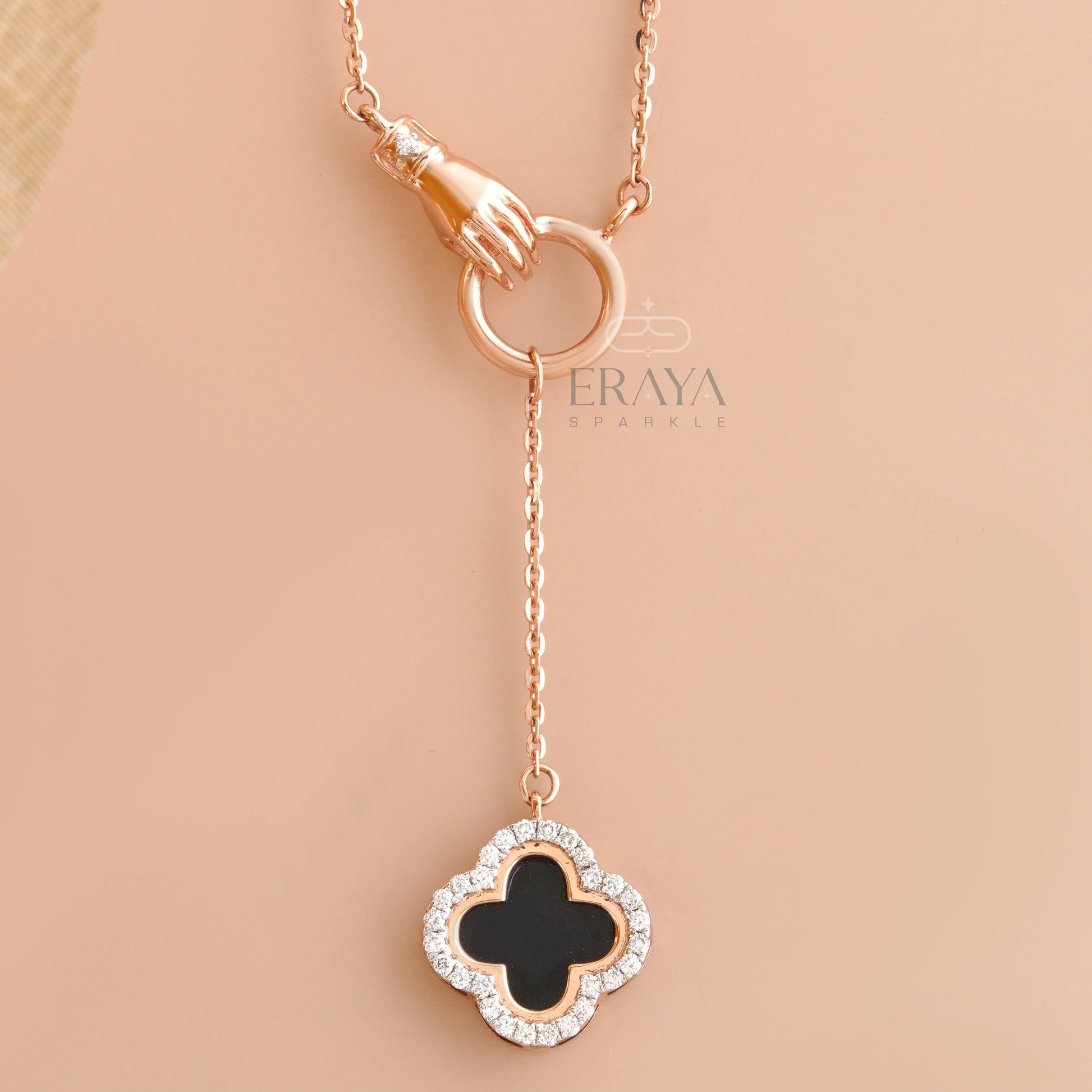 Black Enamel Clover with Lab-Created Diamond - erayasparkle