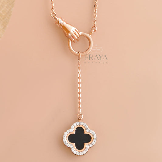 Black Enamel Clover with Lab-Created Diamond - erayasparkle