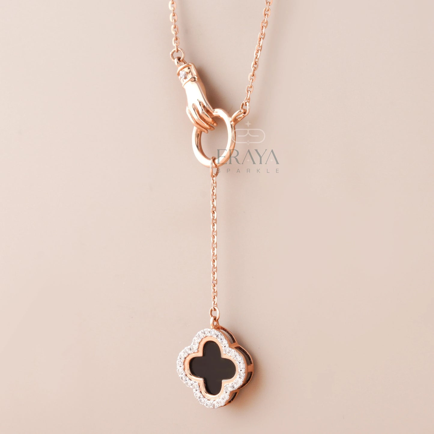 Black Enamel Clover with Lab-Created Diamond - erayasparkle