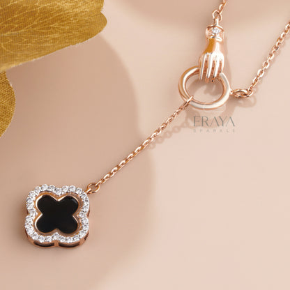 Black Enamel Clover with Lab-Created Diamond - erayasparkle