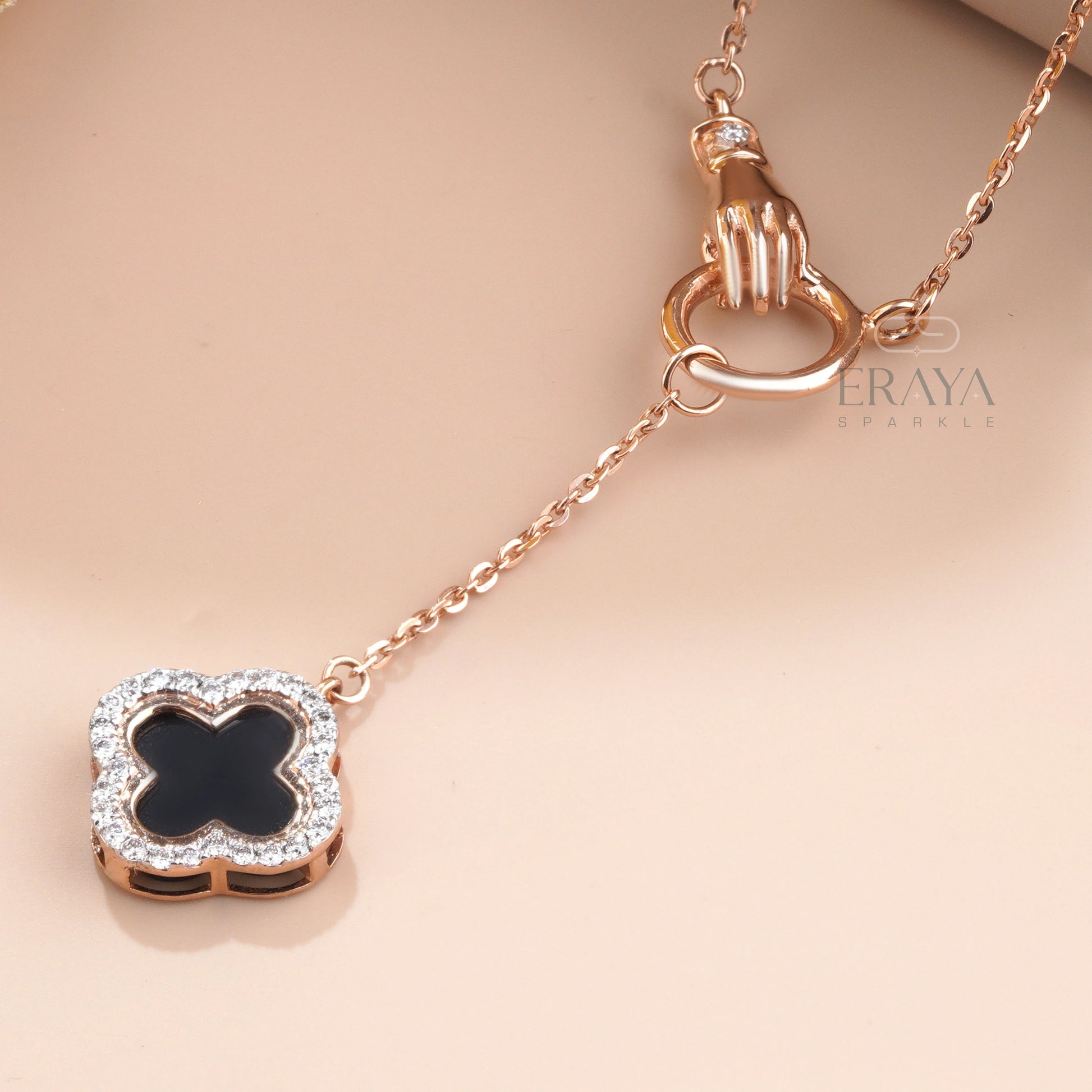Black Enamel Clover with Lab-Created Diamond - erayasparkle