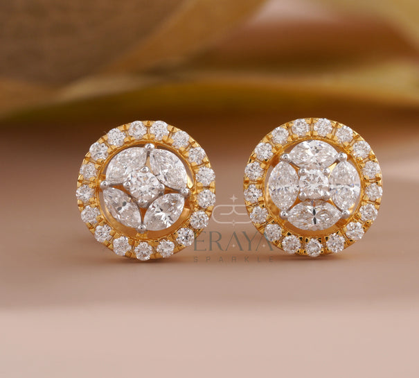Halo Stud Earrings with Marquise Cluster - 