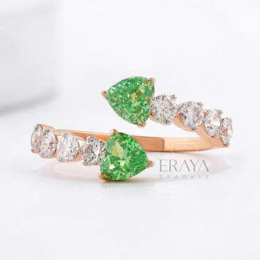 Green Heart Promise Ring with LG Diamond Band - erayasparkle