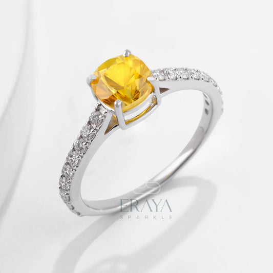 Yellow Sapphire Ring with Lab-Grown Diamond Ring - erayasparkle