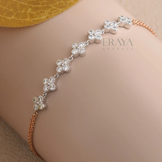 Dainty Floral Gold Bracelet with Lab Diamond Bracelate - erayasparkle