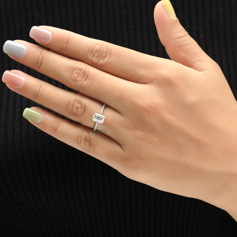 Emerald Shape Diamond Ring with Hidden Halo