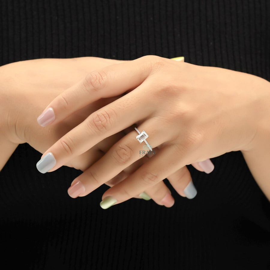 Emerald Shape Diamond Ring with Hidden Halo