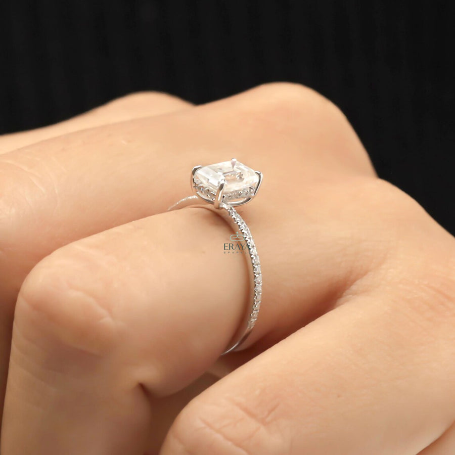 Emerald Shape Diamond Ring with Hidden Halo