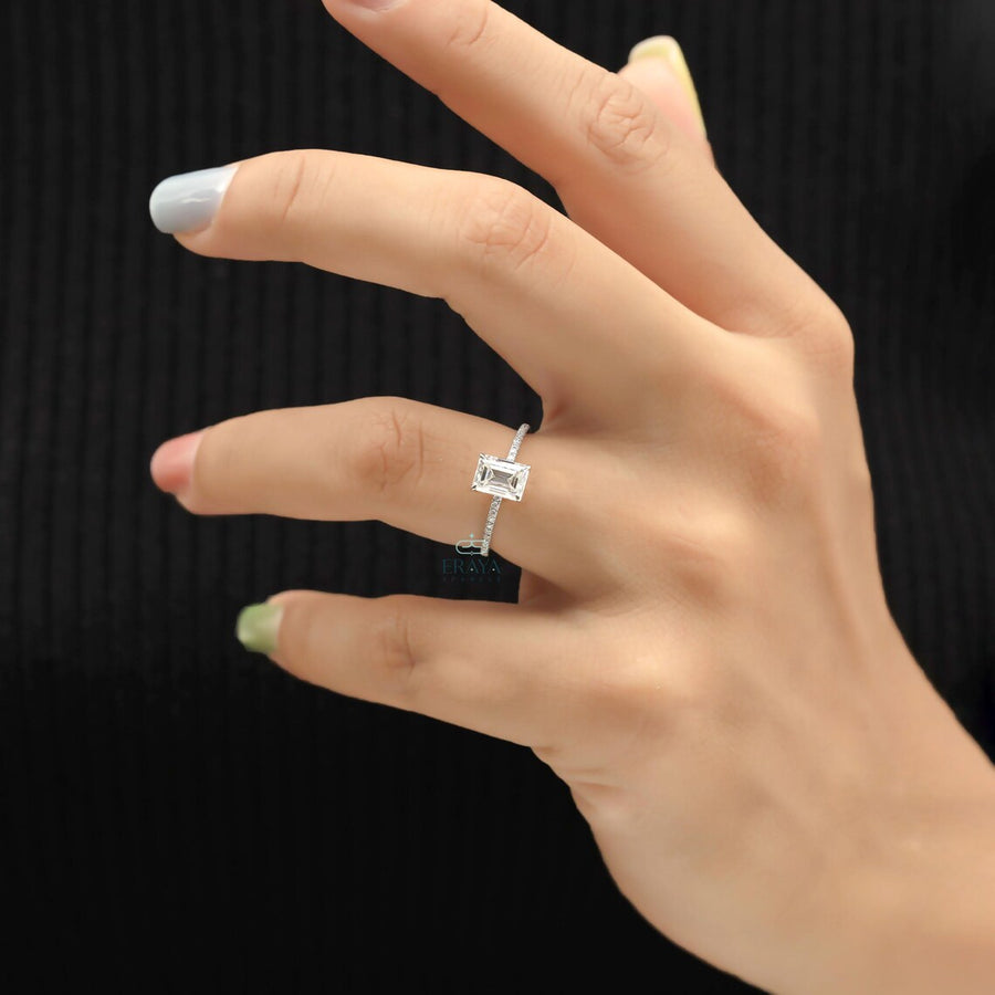 Emerald Shape Diamond Ring with Hidden Halo