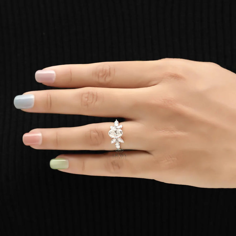 Floral Diamond Engagement Ring with Marquise Accents