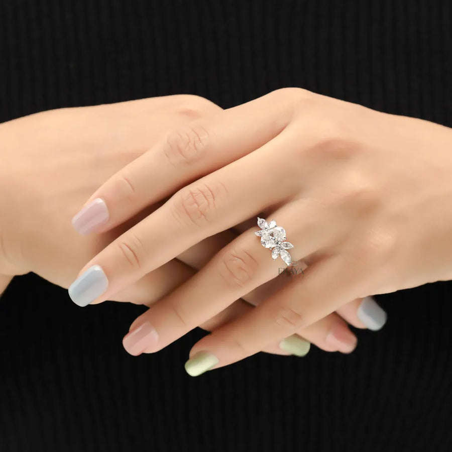 Floral Diamond Engagement Ring with Marquise Accents