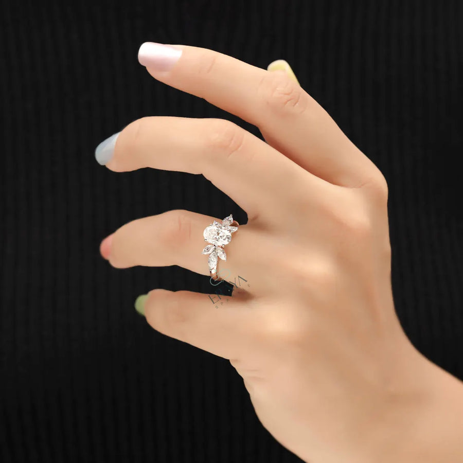 Floral Diamond Engagement Ring with Marquise Accents