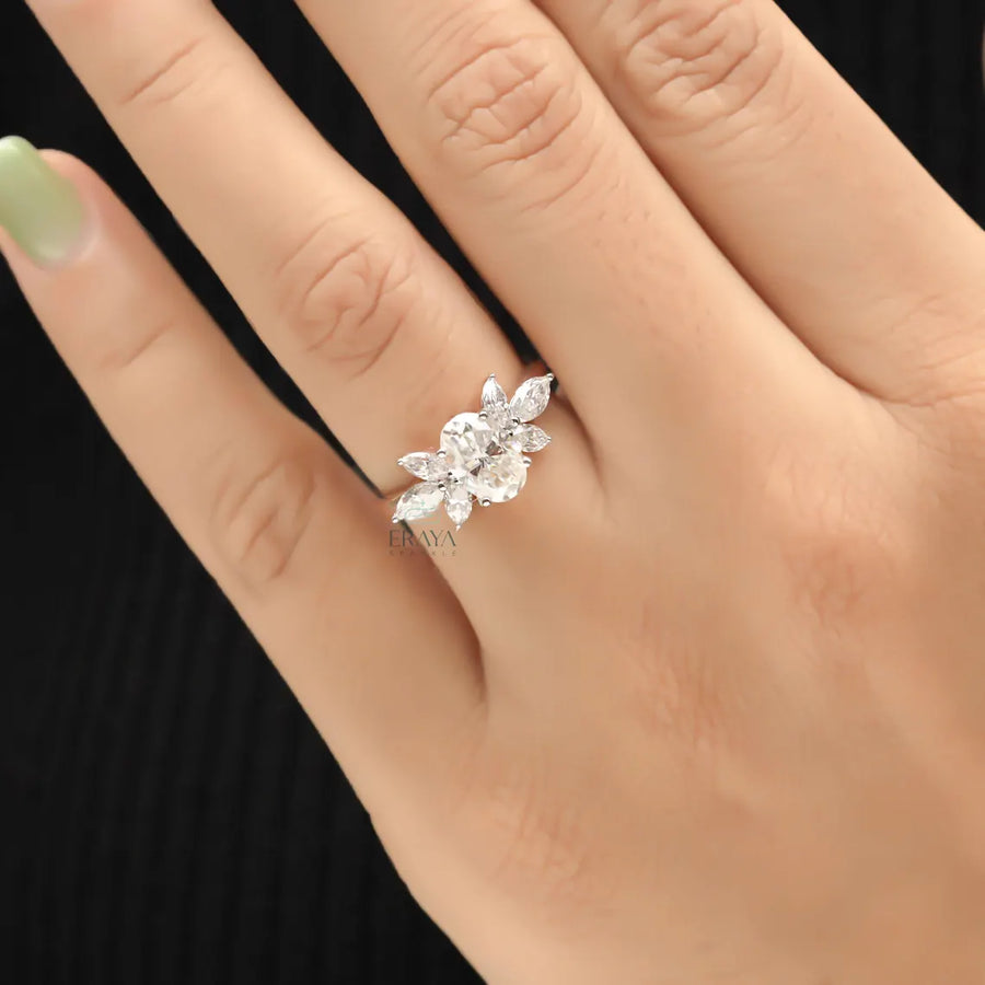 Floral Diamond Engagement Ring with Marquise Accents