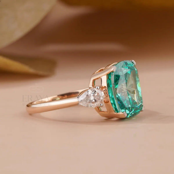 Cushion Cut Diamond Ring with Green Emerald