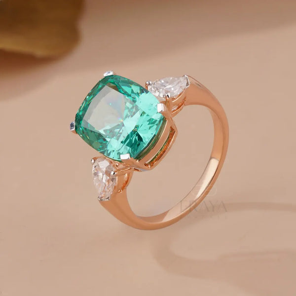 Cushion Cut Diamond Ring with Green Emerald
