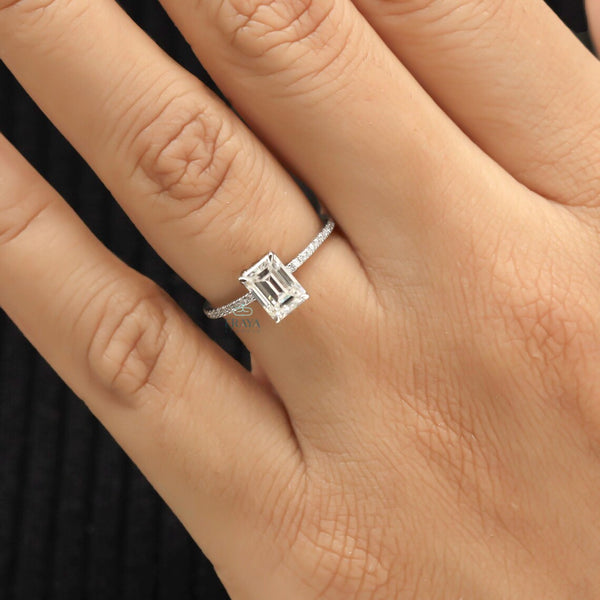 Emerald Shape Diamond Ring with Hidden Halo