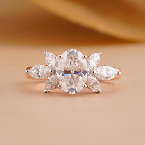 Floral Diamond Engagement Ring with Marquise Accents