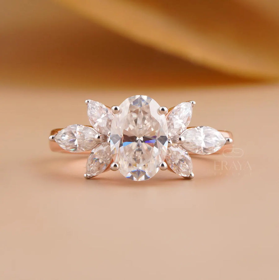 Floral Diamond Engagement Ring with Marquise Accents