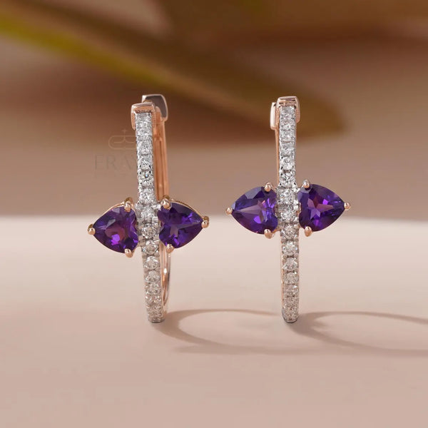 Gold Hoop Earrings with Purple Amethyst