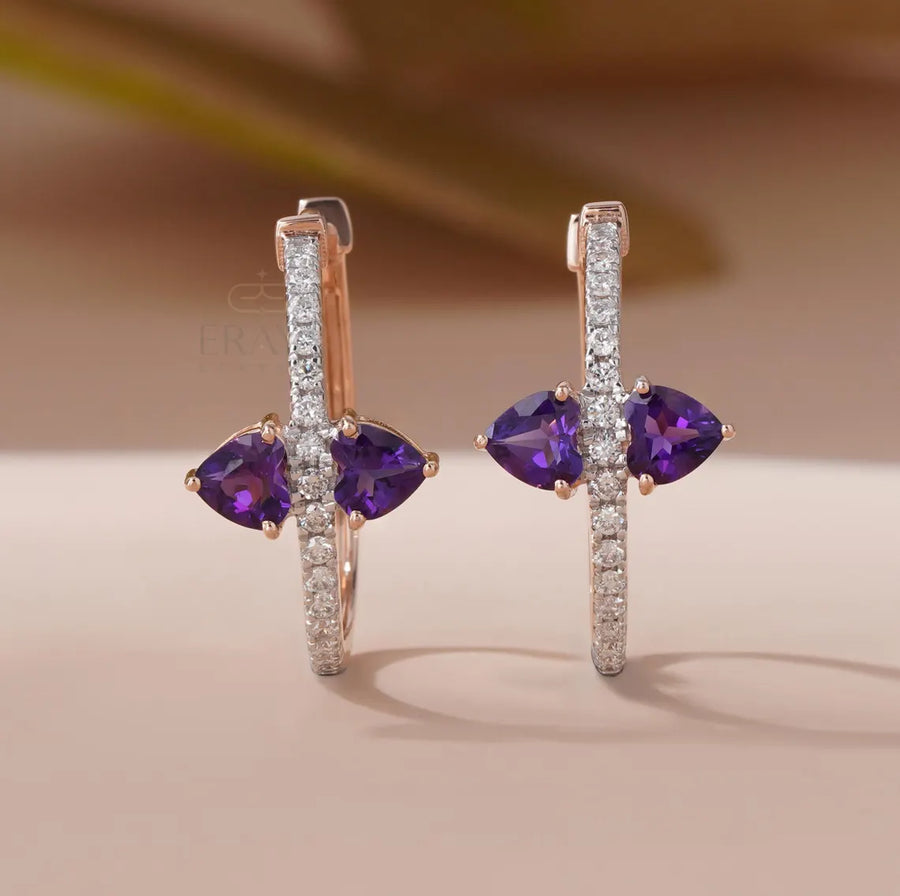 Gold Hoop Earrings with Purple Amethyst