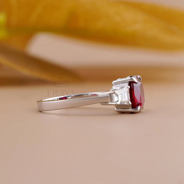 Cushion Cut Diamond Three Stone Ruby Ring