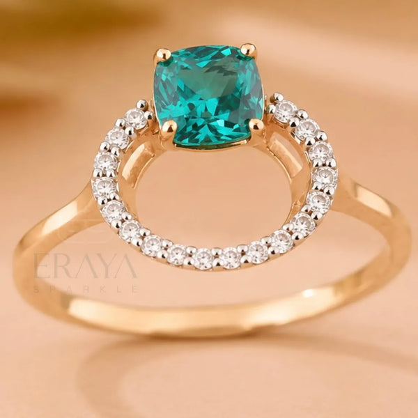 Cushion Sapphire Ring | Halo Bridal Gold Ring