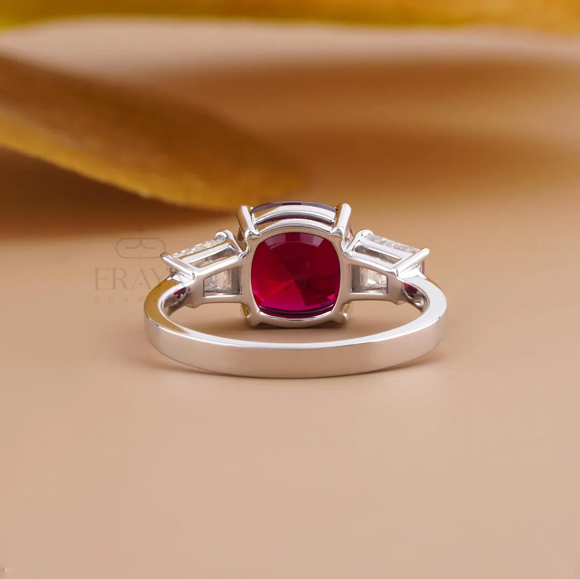 Cushion Cut Diamond Three Stone Ruby Ring